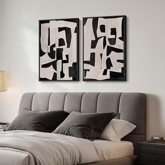 Large Framed Black and Beige Abstract Wall Art, Modern Art Prints Pictures by Cuspin