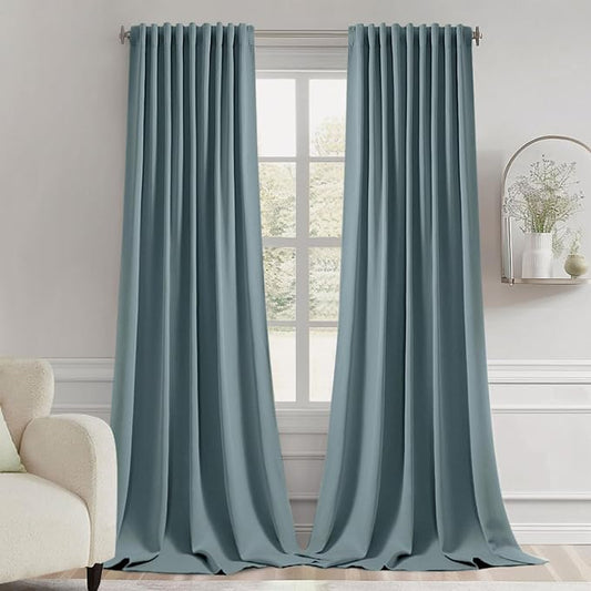 MIULEE Greyish Blue Back Tab Blackout Curtain 96 Inch Long 2 Panels Set by MIULEE