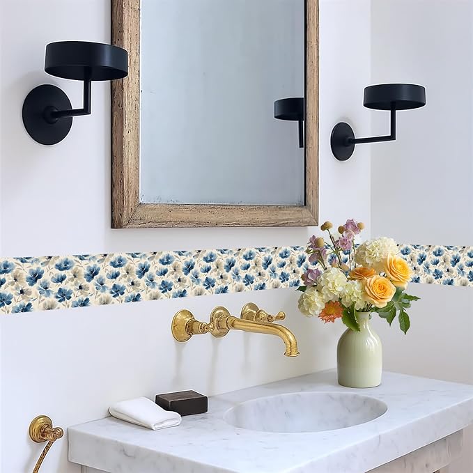 Blue Floral Wall Border 196x4 Inch Peel and Stick Vintage Flower Wallpaper - Image 5