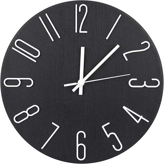 Wall Clock 12 Inch Silent Non-Ticking Imitation Wood Indoor Clock Round Black by BAKBRAND