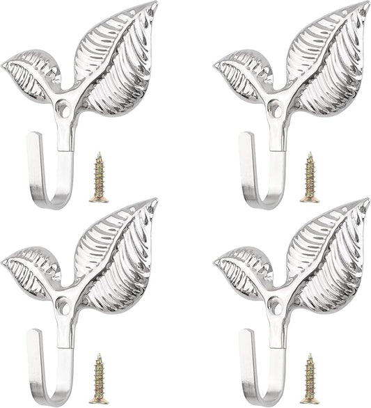 Set of 4 Vintage Leaf Wall Hooks Silver Metal Coat Hooks Heavy Duty Decorative by Unknown
