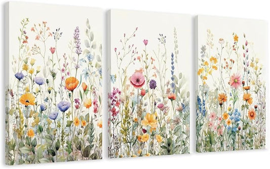 WRFON Wildflower Canvas Wall Art Set of 3, Unframed Botanical Floral Watercolor by Unknown