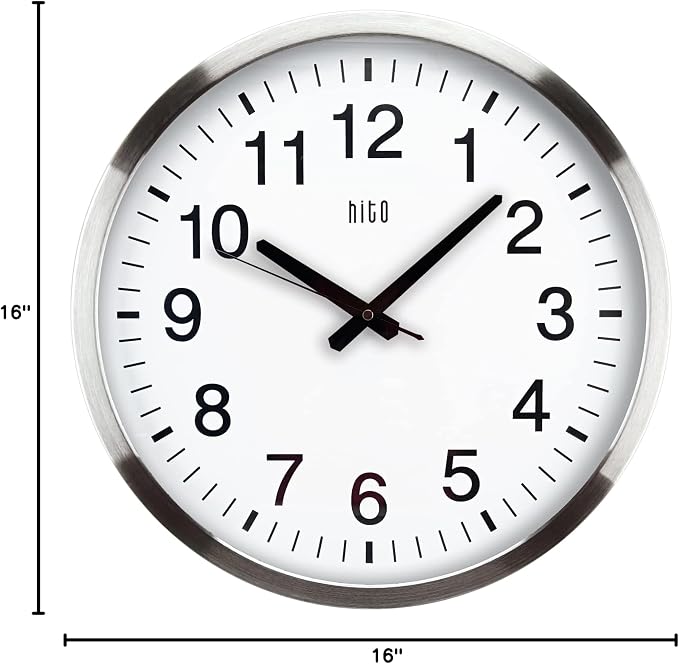 HITO 16" Silent Wall Clock Battery Operated Non Ticking Sweep Movement Glass - Image 8
