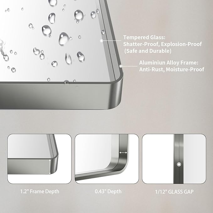 LOAAO 72X32 Inch Brushed Nickel Bathroom Mirror, Rounded Rectangle Silver Metal - Image 5