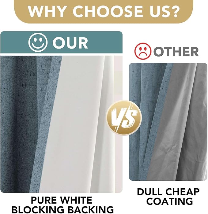 H.VERSAILTEX Linen Blackout Curtains 96 Inches Long 100% Blackout Thermal Insulated Textured Linen Look Curtain Draperies Anti-Rust Grommet, Energy Saving with White Liner, 2 Panels, Stone Blue