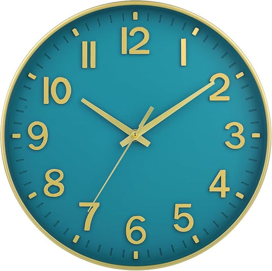 HZDHCLH Teal and Gold Wall Clocks Battery Operated 12 inch Silent Non Ticking by HZDHCLH