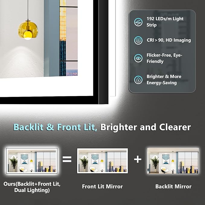 72x40 Black Framed LED Bathroom Mirror - Image 4