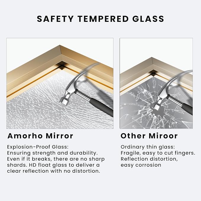 Amorho Bathroom Mirror, 60x36 Inch Golden Thick Metal Framed Wall Mirrors - Image 3