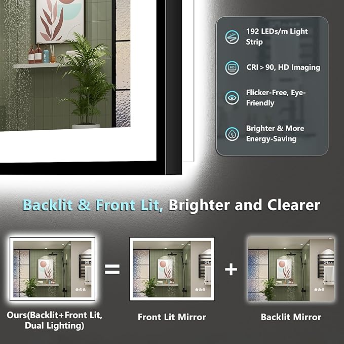 40x24 Black Framed LED Bathroom Mirror - Image 4