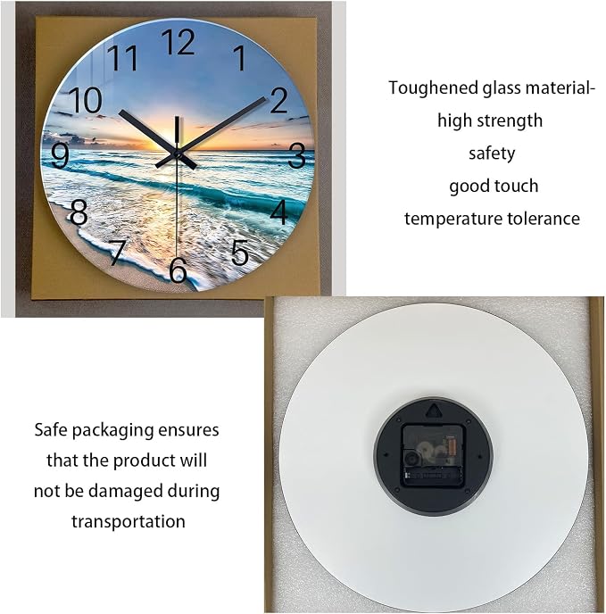 Blue Beach Wall Clock for Bedroom Glass Wall Clocks Battery Operated 12 Inch - Image 6