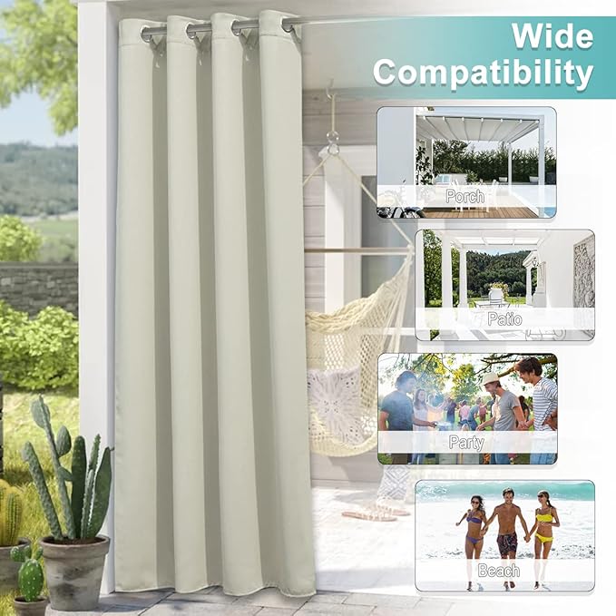 NICETOWN 2 Panels Beige Outdoor Curtains for Patio Waterproof, Rustproof Grommet Thermal Insulated Room Darkening Indoor Outdoor Curtains Window Treatments for Pergola/Gazebo, W52 x L72
