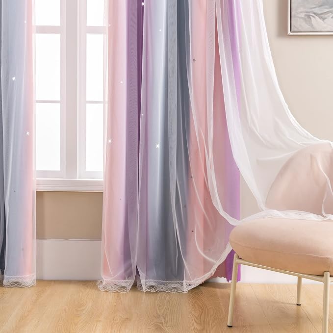 XiDi Curtains for Bedroom Decor, Rainbow GreyPinkPu-34-90 - Image 3