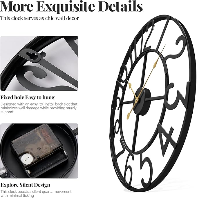 Cuspin 16 Inch Large Wall Clock, Modern Black Metal Clock - Image 4