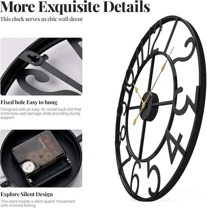 Cuspin Large Wall Clock, 24 Inch Black Clocks - Image 6