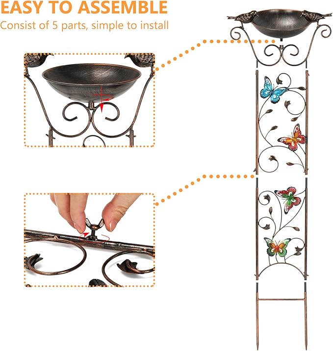 SUNNYPARK Bird Bath with Trellis Outdoor, Antique Garden Iron Trellis with Decorative Butterflies Detachable Bird Bowl Metal Potted Plants Support for Climbing Flowers