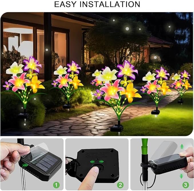 Solar Garden Lights 2 Pack with 8 lilies Outdoor Decorative flower Lights for Garden, Birthday Gift for family and Friends, IP65 Waterproof flower Solar Outdoor Stake Light for Yard Patio Lawn Pathway