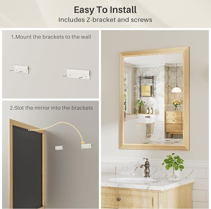22x30 Inch Bathroom Mirror for Wall, Anti-Rust Oak Wood Grain Metal Framed - Image 5