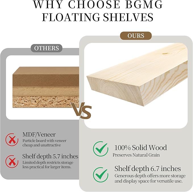 BGMG Small Wood Floating Shelves 8 inch Set of 2, Solid Wood Wall Shelves - Image 3