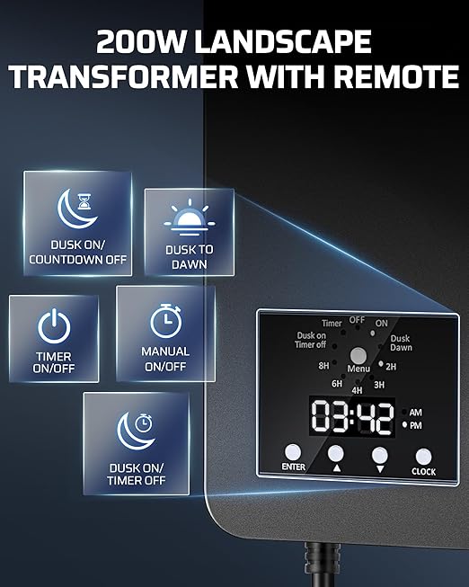 DEWENWILS 200W Low Voltage Landscape Transformer, 120V AC to 15V DC, Outdoor Landscape Lighting Transformer with Remote, Photocell Sensor & Timer, Weatherproof for Garden Spotlights Pathway Lights