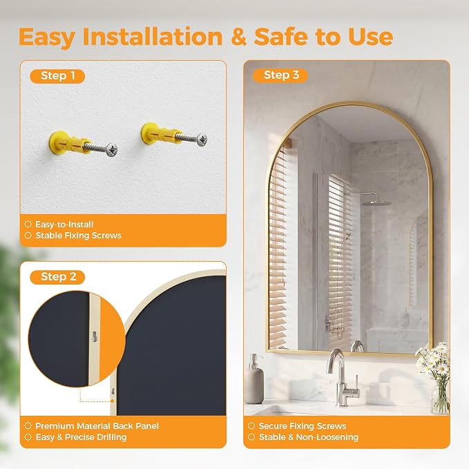 OLIXIS 24x36 Inch Arched Gold Bathroom Mirror - Image 7