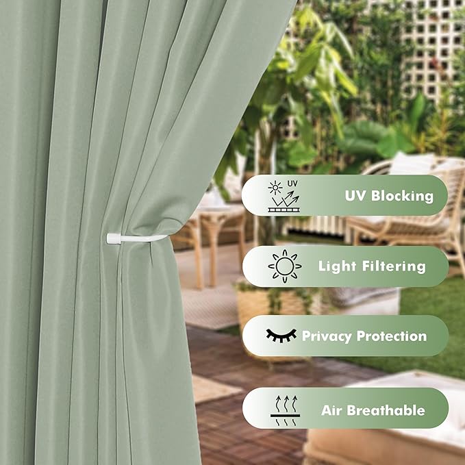 HolidayIdeas Outdoor Curtains for Patio Waterproof, 6 Panels - 54x84 Inches - Weatherproof Privacy Outsides Curtains for Cabana Porch Pergola, Sunlight & UV Blocking (SageGreen, Grommet Top)