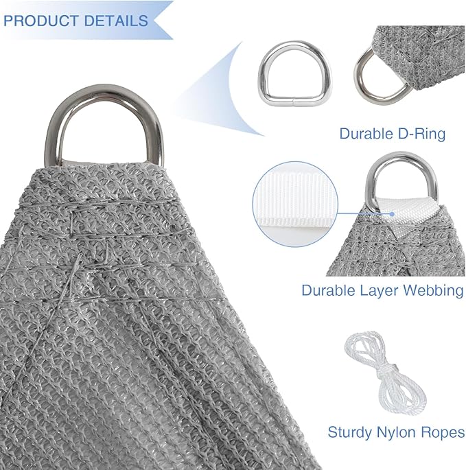 E&K Sunrise 17' x 17' x 17' Sun Shade Sail Triangle Canopy Shade Cover UV Block for Patio Backyard Garden Outdoor (Light Gray)