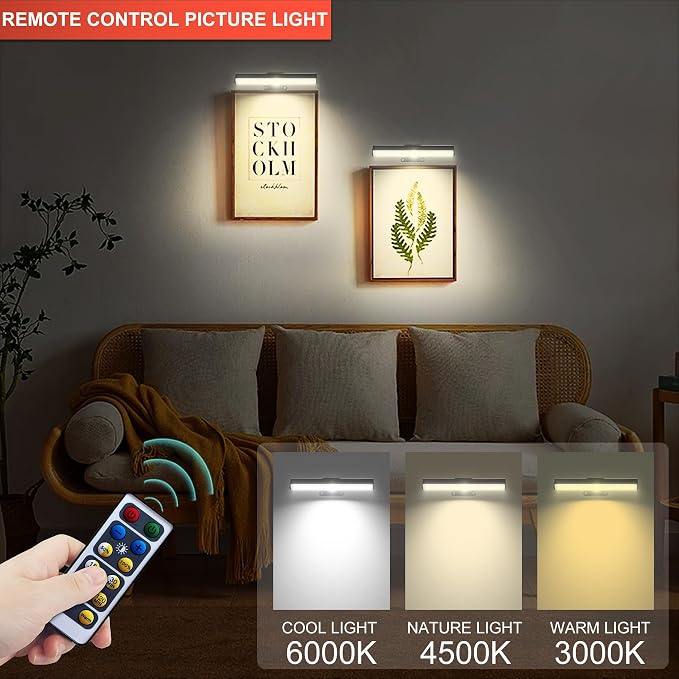 Wall Picture Lights with Remote, Dimmable Painting Light Battery Powered with 3 - Image 7