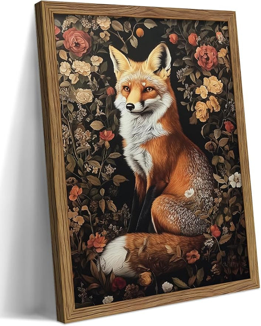 Vintage Fox Canvas Wall Art, Dark Academia Floral Decor, Nature Botanical by Unknown