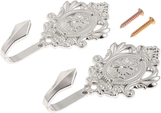 2Pcs Wall Hooks Silver Rose Pattern Carved Vintage Drapery Clothes Key Hook by Hicello