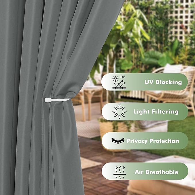 HolidayIdeas Outdoor Curtains for Patio Waterproof, 6 Panels - 54x84 Inches - Weatherproof Privacy Outsides Curtains for Cabana Porch Pergola, Sunlight & UV Blocking (Grey, Grommet Top)