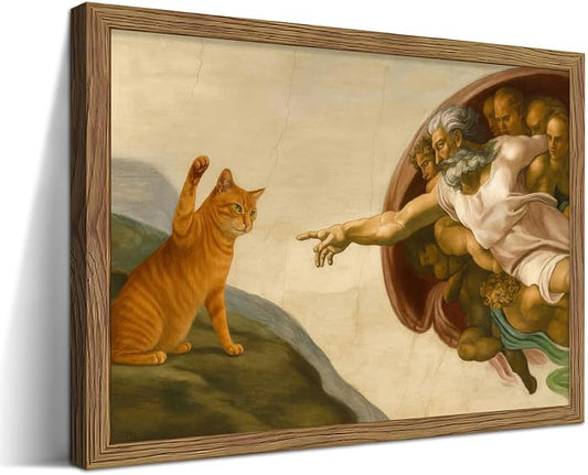 Framed Vintage Cat Canvas Wall Art, Funny Orange Cat Parody Classic Masterpiece by Unknown