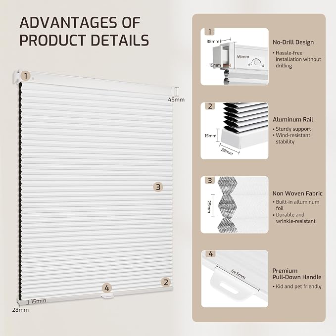 Grandekor No Drill No Tools Cordless Cellular Shades, 45.5" W x 64" H, UV - Image 9