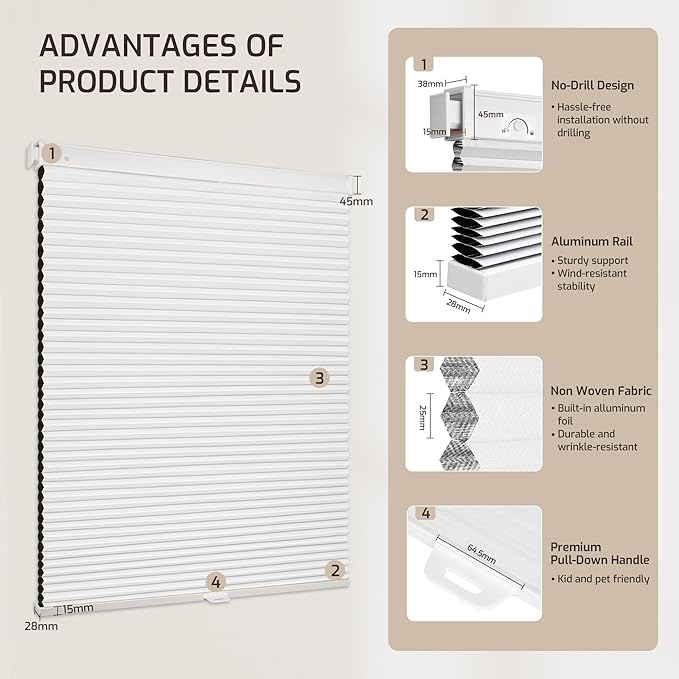 Grandekor No Tools No Drill Cordless Cellular Shades, 33.5" W × 64" H, UV - Image 9
