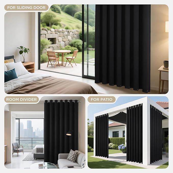 Joydeco Blackout Patio Sliding Door Curtains 108 Inches Long, Grommet Privacy Room Divider Curtains, Extra Wide Thermal Blackout Drapes for Bedroom Living Room (Black, 70Wx108L, 1 Panel)