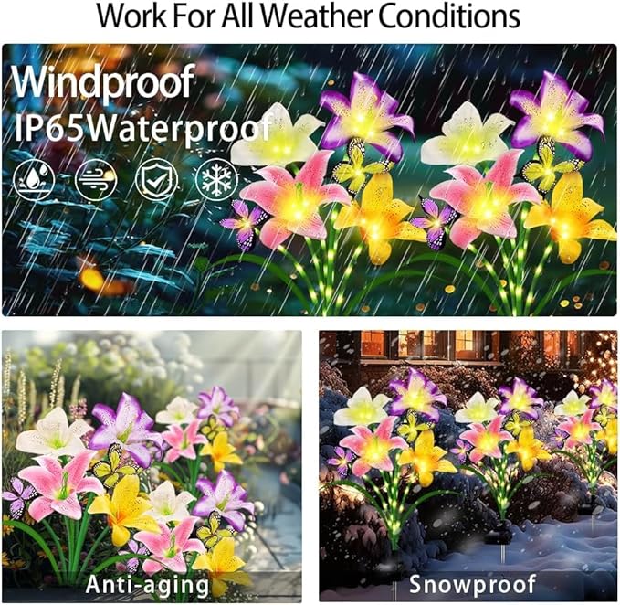 Solar Garden Lights 2 Pack with 8 lilies Outdoor Decorative flower Lights for Garden, Birthday Gift for family and Friends, IP65 Waterproof flower Solar Outdoor Stake Light for Yard Patio Lawn Pathway
