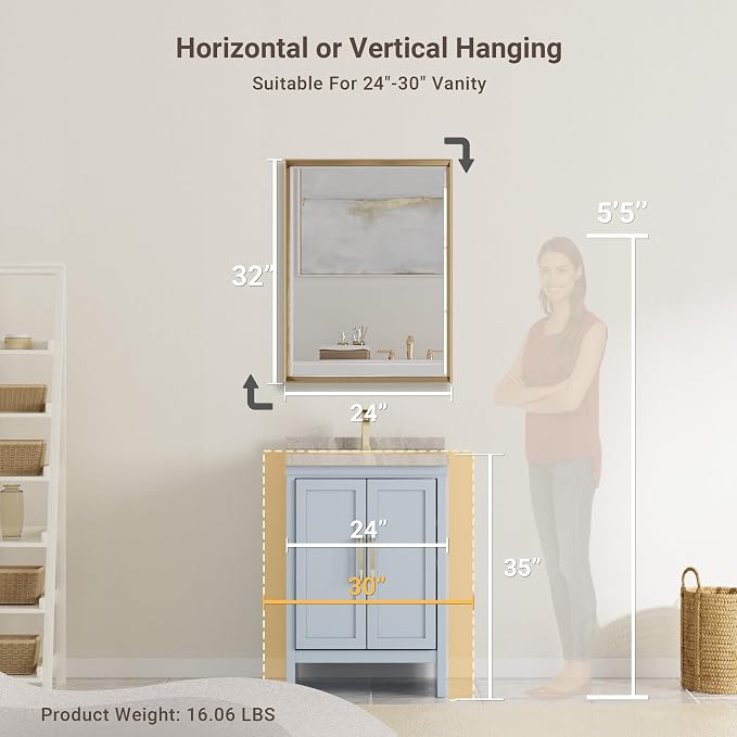 Gold Bathroom Mirror, 24x32 Brushed Gold Bathroom Mirror Beveled Edge, - Image 2
