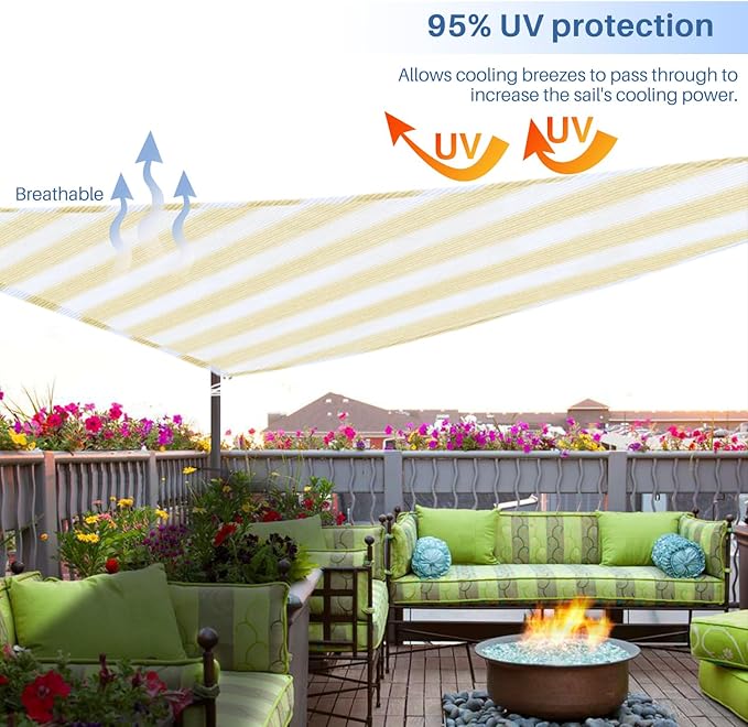 E&K Sunrise 19' x 19' x 19' Sun Shade Sail Triangle Canopy Shade Cover UV Block for Patio Backyard Garden Outdoor (Beige White Strip)