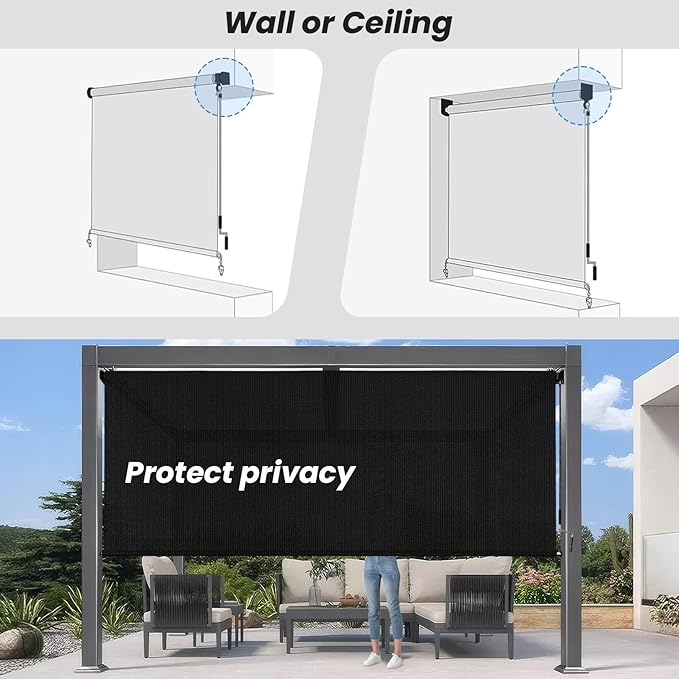 7'W x 8'H Black Patio Shades Roll up Outdoor Roller Shade Crank Wand Blind - Image 6