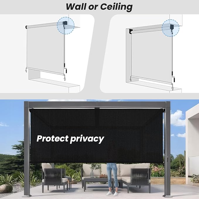 8'W x 8'H Black Patio Shades Roll up Outdoor Roller Shade Crank Wand Blind - Image 6