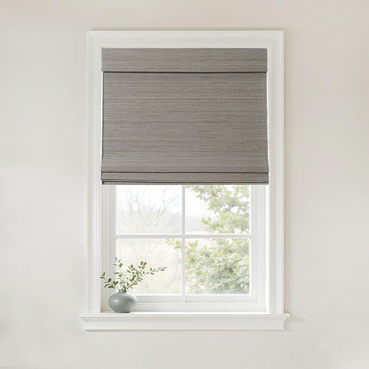 TWOPAGES Natural Woven No Drill Roman Shades, Custom Cordless Blackout Bamboo by TWOPAGES