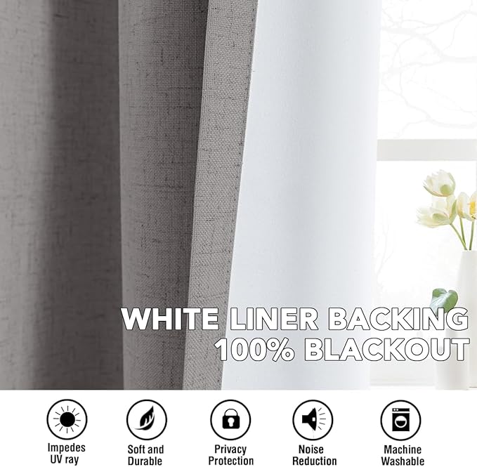 H.VERSAILTEX Linen Curtains 100% Blackout Curtains for Bedroom 84 inch Long Full Light Blocking Nature Linen Blended Window Curtains for Living Room Nickel Grommet (2 Panels, Heathered Dove)