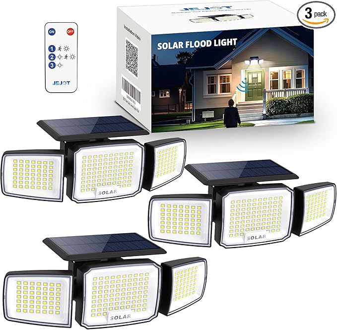 Solar Security Light Outdoor Super Bright LED, Motion Sensor Flood Light, 3 Heads 270° Wide Angle,Remote Control, IP65 Waterproof, 3 Modes (3 Packs)