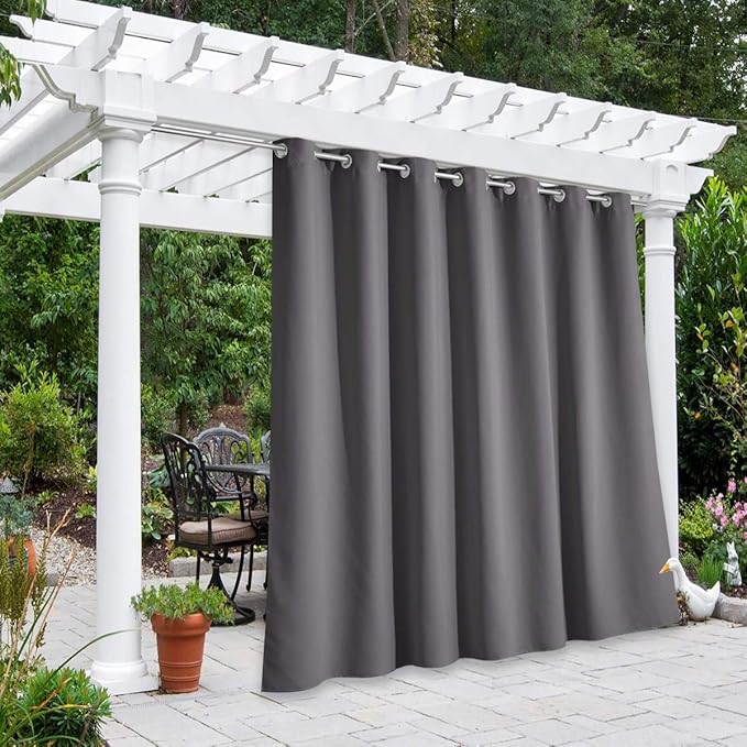 NICETOWN Outdoor Curtain Divider for Patio Waterproof 108" Length, Thermal Insulated Rustproof Grommet Blackout Privacy Indoor Outdoor Living Curtain/Drape for Public Space, Grey, 1 Panel, 100" W