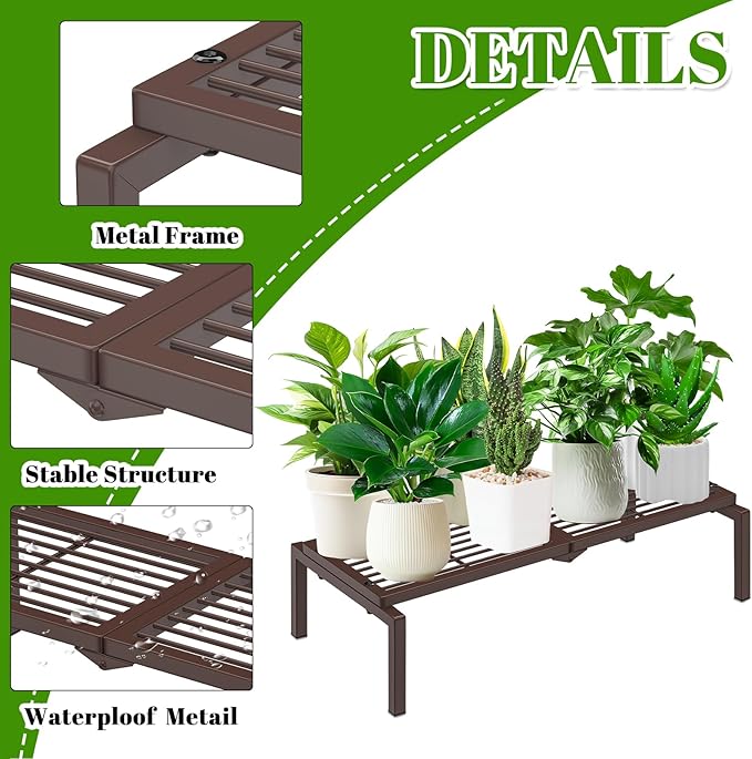 1 Tier Metal Plant Stand Indoor Outdoor, Potted Multiple Flower Pot Holder Rack Plant Shelf, Heavy Duty Planter Display Shelving for Patio Balcony Garden Living Room Decorative (Brown)