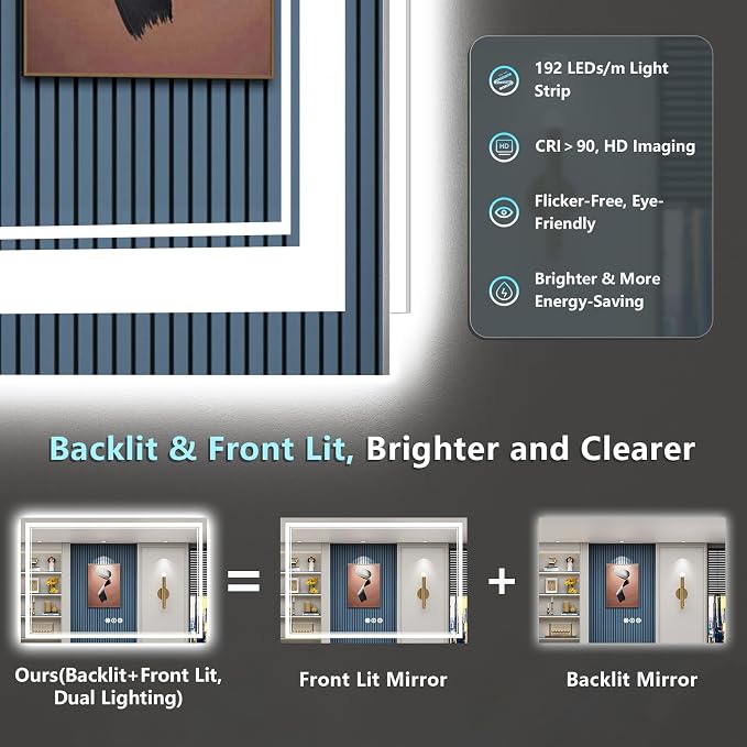60x40 LED Bathroom Mirror with Lights, Backlit and Front Lit Anti-Fog Lighted - Image 3