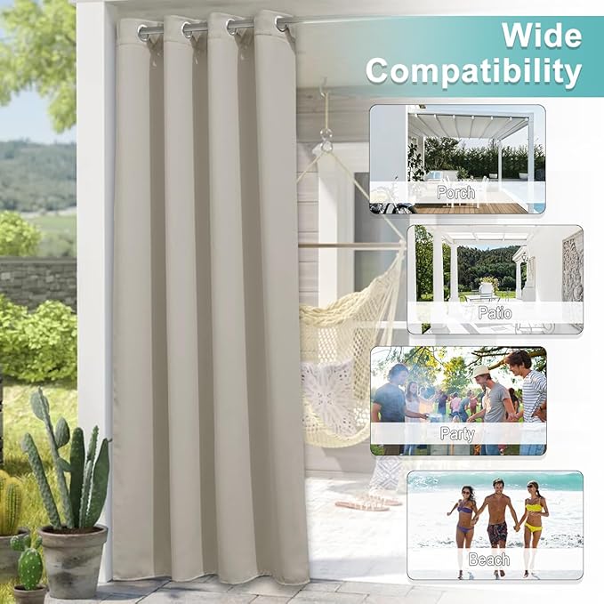NICETOWN Outdoor Curtainch for Patio Waterproof 100 inch Wide, Thermal Insulated Rustproof Grommet UV Blocking Cabana Curtainch & Drape, Privacy Safe Shade for Gazebo, Natural, 1 PC, 95-Inch Long