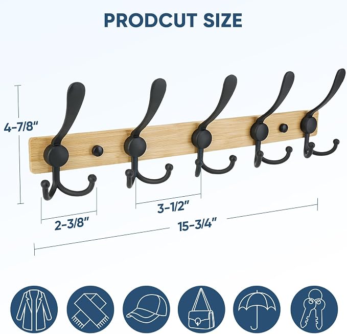 TICONN Wall Mounted Coat Rack, Five Heavy Duty Tri Hooks All Metal Construction - Image 2