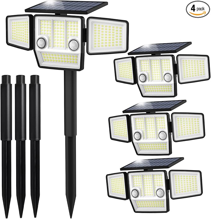 Solar Lights Outdoor, In-Ground or Wall Mount, 180° PIR Motion Sensor, 236 LED 2500 Lumens 360° Illumination Solar Security Flood Light, Dusk to Dawn, 3 Modes, IP65 Waterproof, 4 Pack