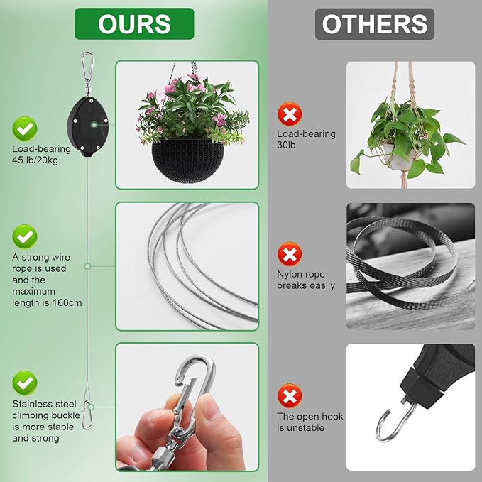 1 Pack Heavy Duty Retractable Plant Hangers, Adjustable Pull-Down Pulleys with 63" Stainless Steel Rope, Double Hooks for Hanging Plants, Bird Feeders, Planters & Pots, Indoor & Outdoor Use