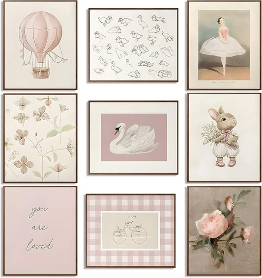 9pcs Nursery Pink Wall Art Baby Girl Canvas Wall Art Vintage Floral Prints Kids by Unknown